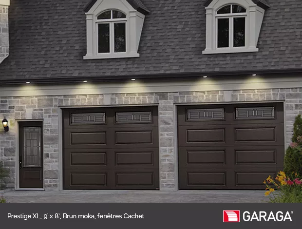 Porte de garage Garaga - Prestige XL, 9’ x 8’, Brun moka, fenêtres Cachet