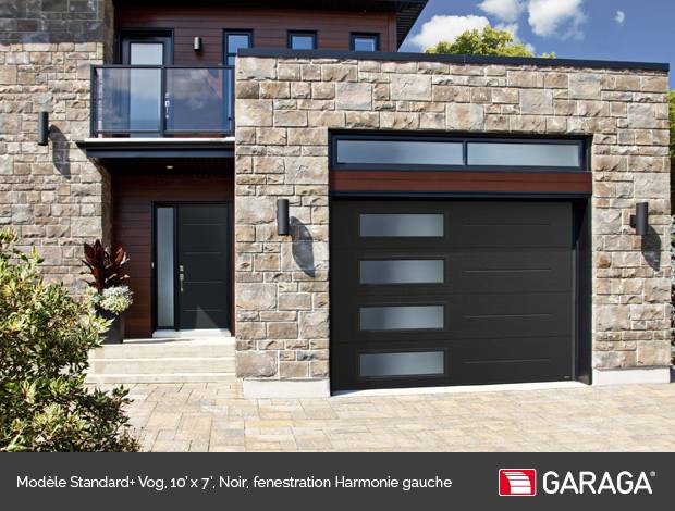 Porte de garage Garaga - Modèle Standard+ Vog, 10’ x 7’, Noir, fenestration Harmonie gauche